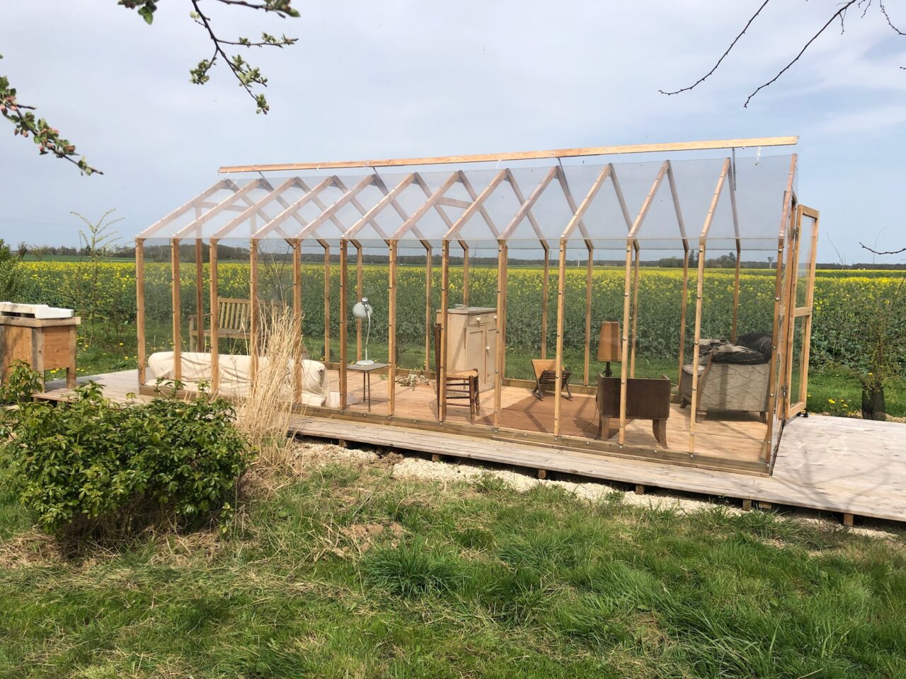 serre en bois transparente devant champ de colza